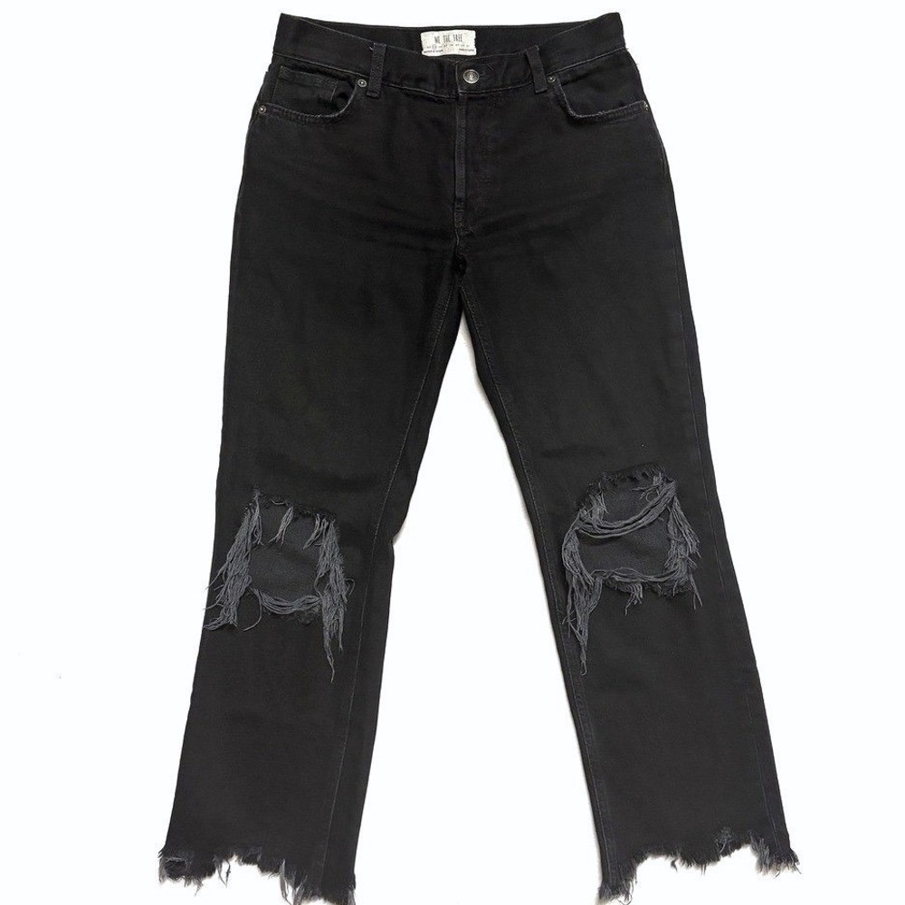 Free People We The Free Black Distressed Straight Leg Jeans Raw Hem Size 25